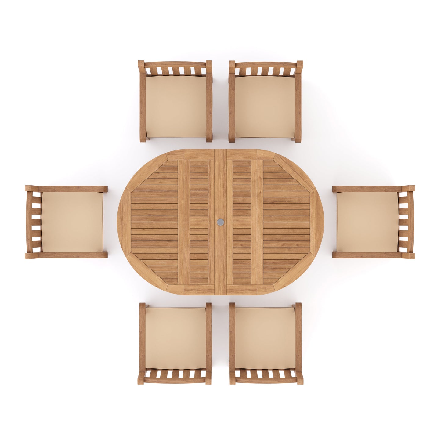Teak Round to Oval 120-170cm Extending Table, 4cm Top with 6 Warwick Chairs, Free Cushions.