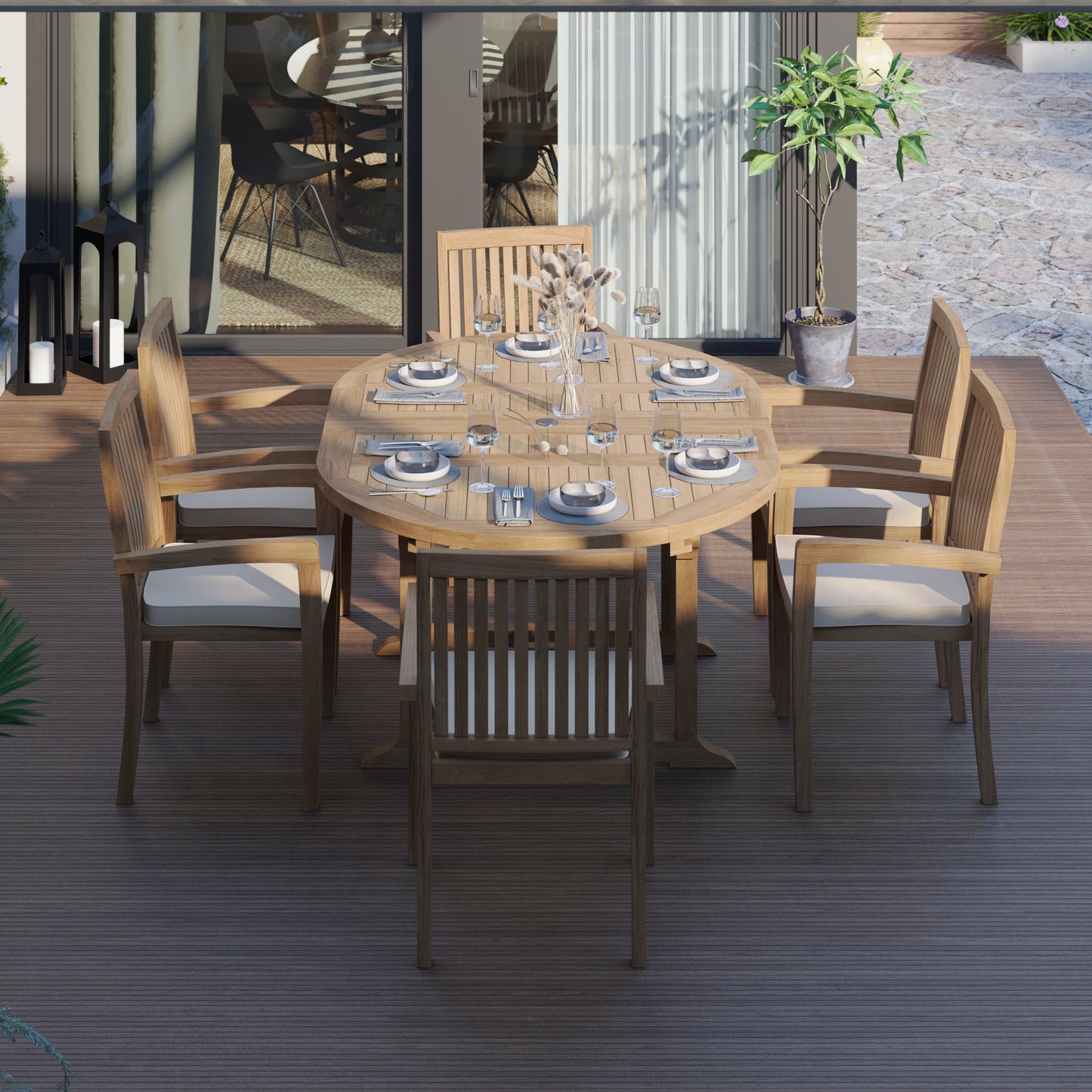 Teak 4cm Top Round To Oval 120-170cm Extending Table (6 Henley Stacking Chairs) cushions included.