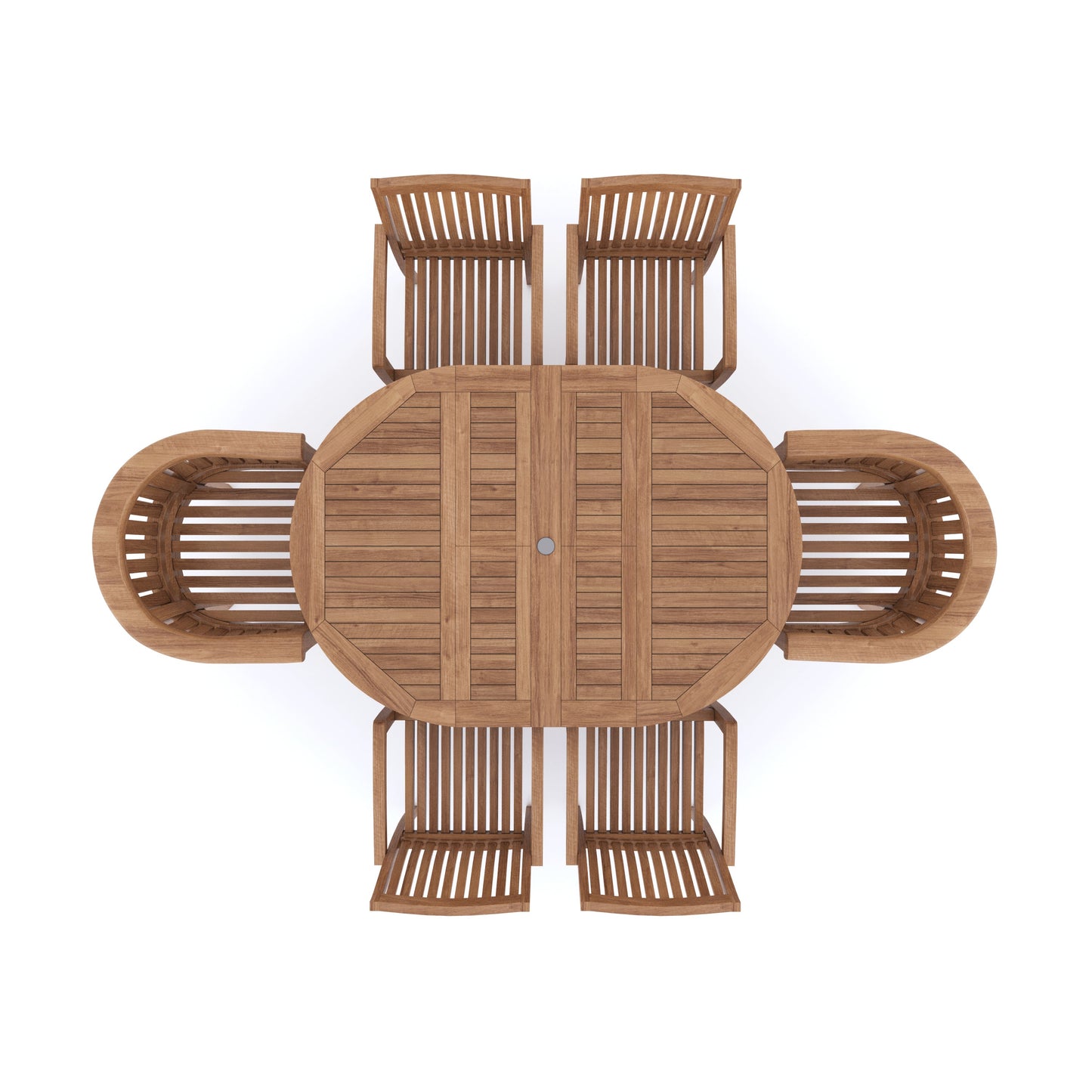 Teak 4cm Top Round To Oval 120-170cm Extending Table (4 Henley Stacking Chairs 2 San Francisco Chairs) Cushions included.