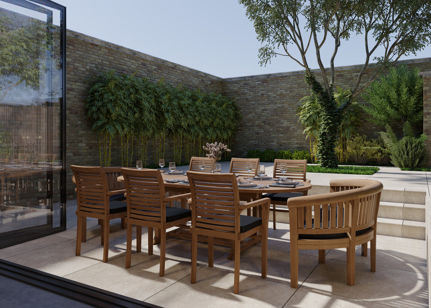 Teak 180-240cm Oval Extending Table 4cm Top (6 Oxford Stacking Chairs 2 San Francisco Benches) Cushions included.