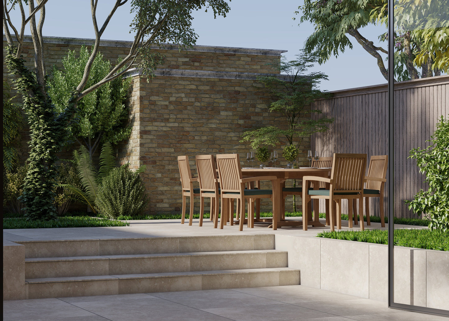 Teak Oval 180-240cm Extending Table with 8 Henley Stacking Chairs Cushions Included.