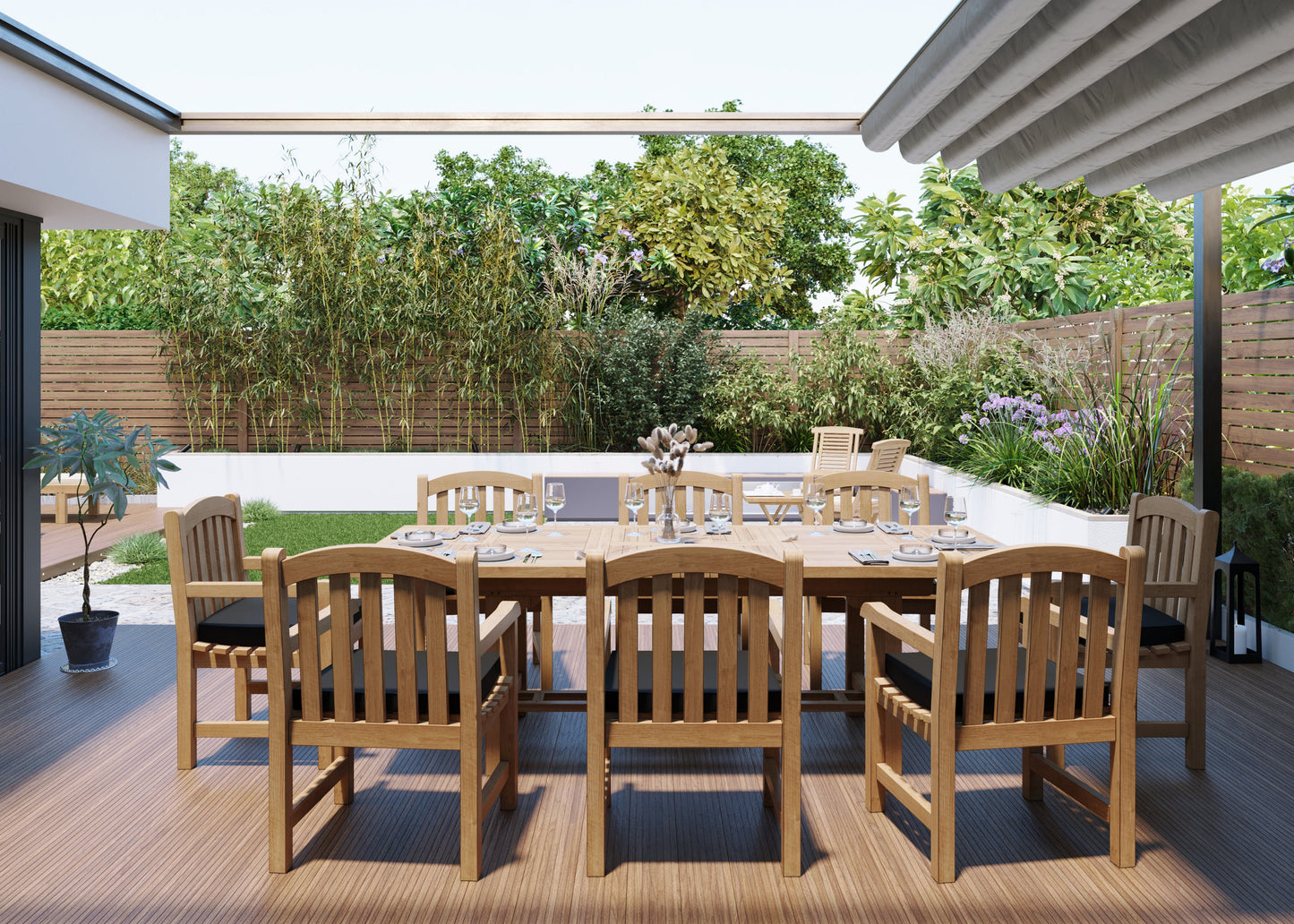 Teak 180-240cm Rectangle Extending Table 4cm Top (with 8 Warwick Chairs) Cushions included.