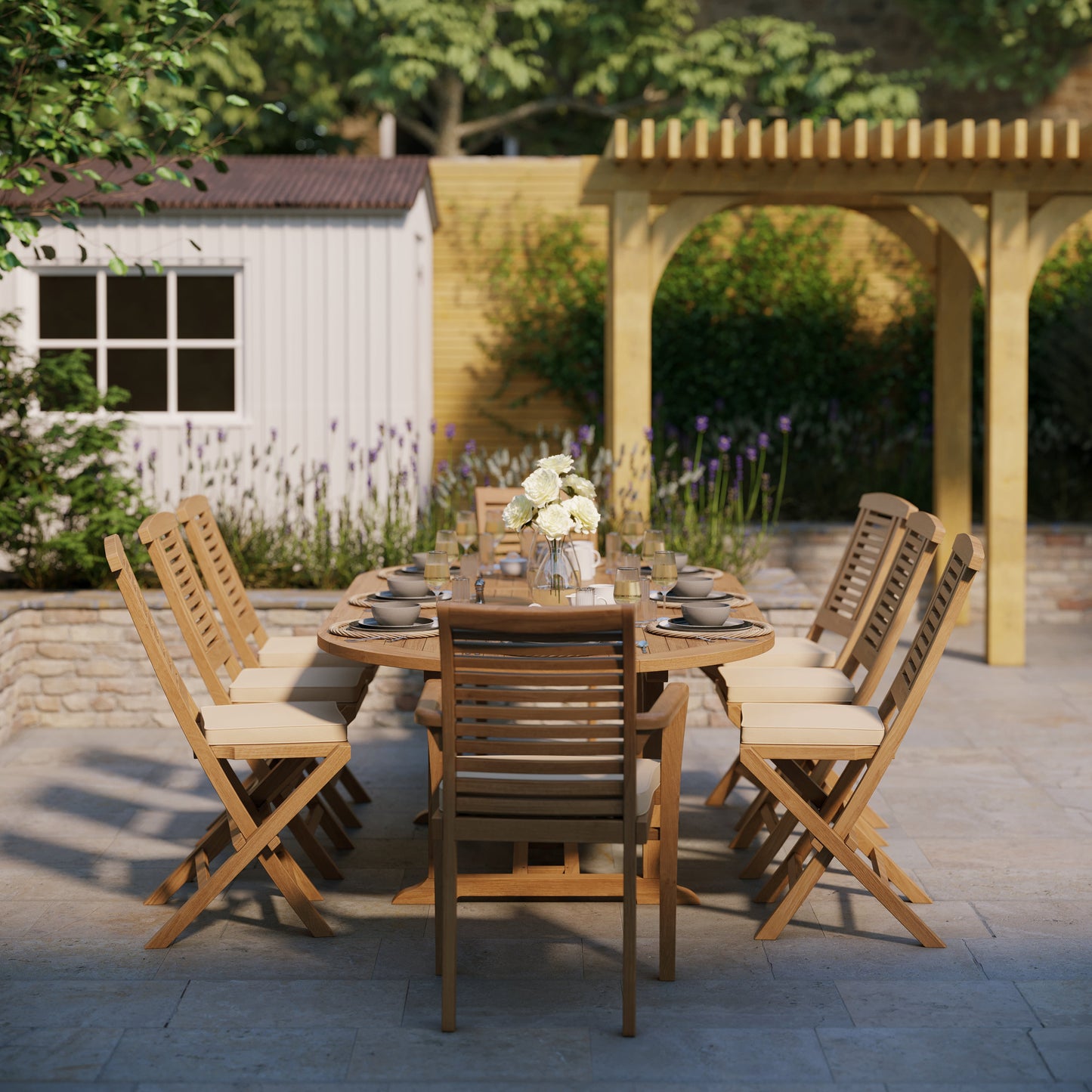 Teak 180cm to 240cm Oval Extending Table with 6 Hampton Chairs & 2 Oxford Stacking Chairs