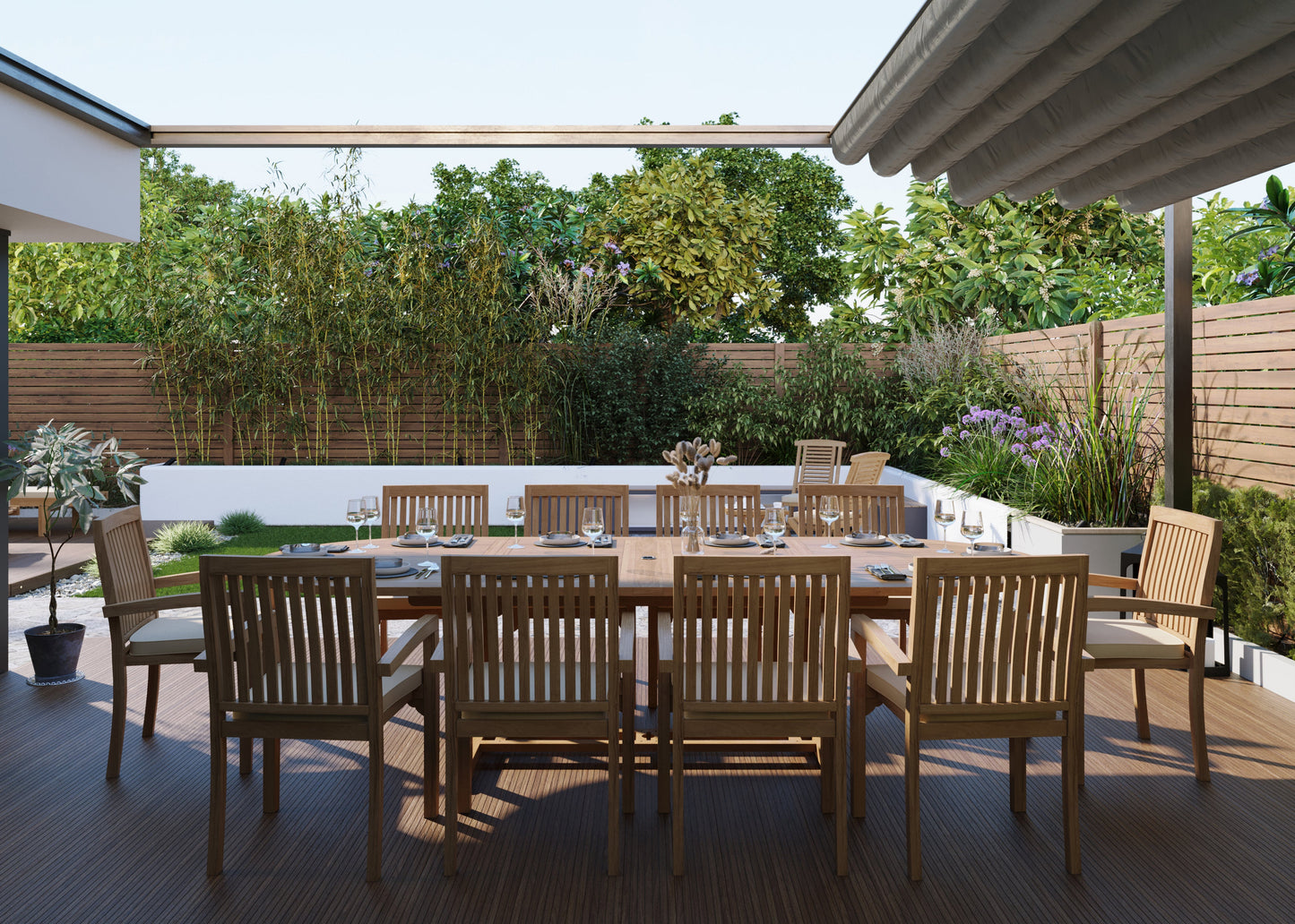 Teak 2m-3m Oval Extending Table with 10 Henley Stacking Chairs