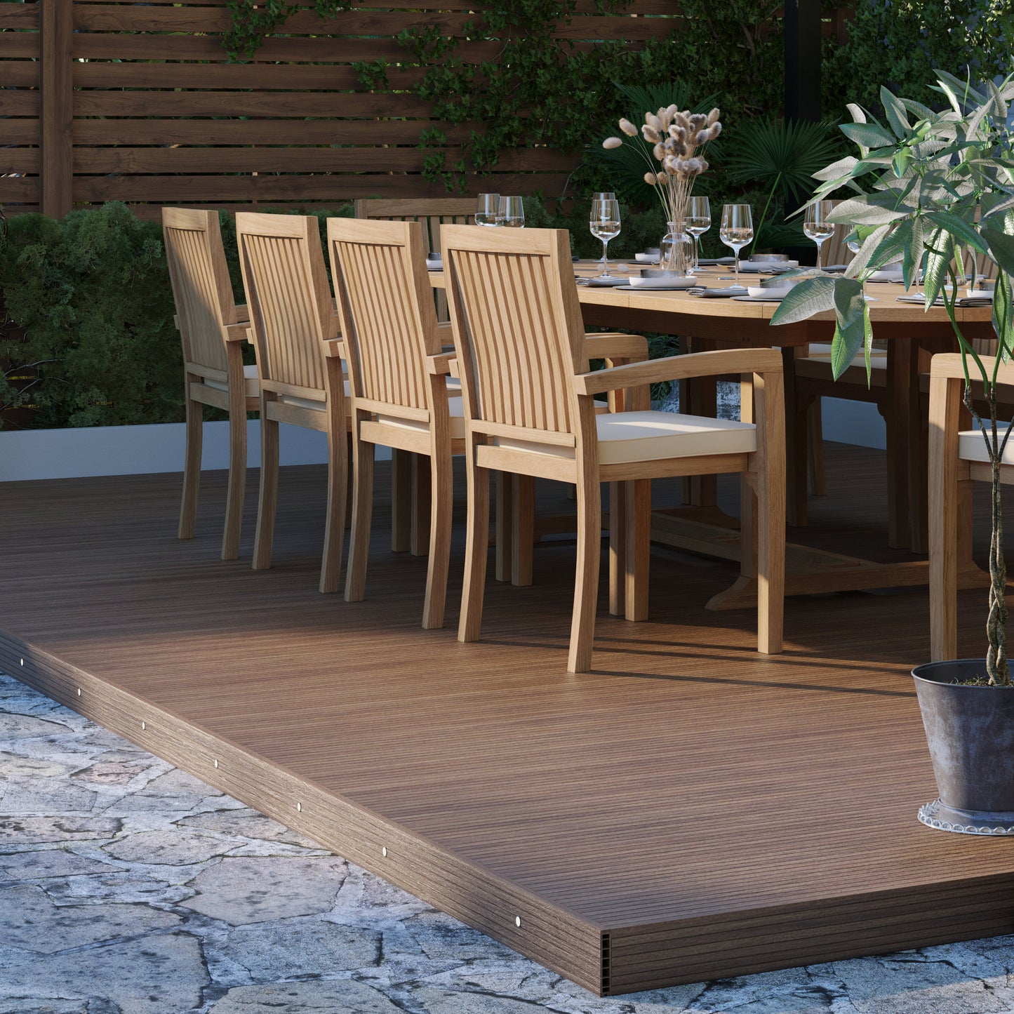 Teak 2m-3m Oval Extending Table with 10 Henley Stacking Chairs