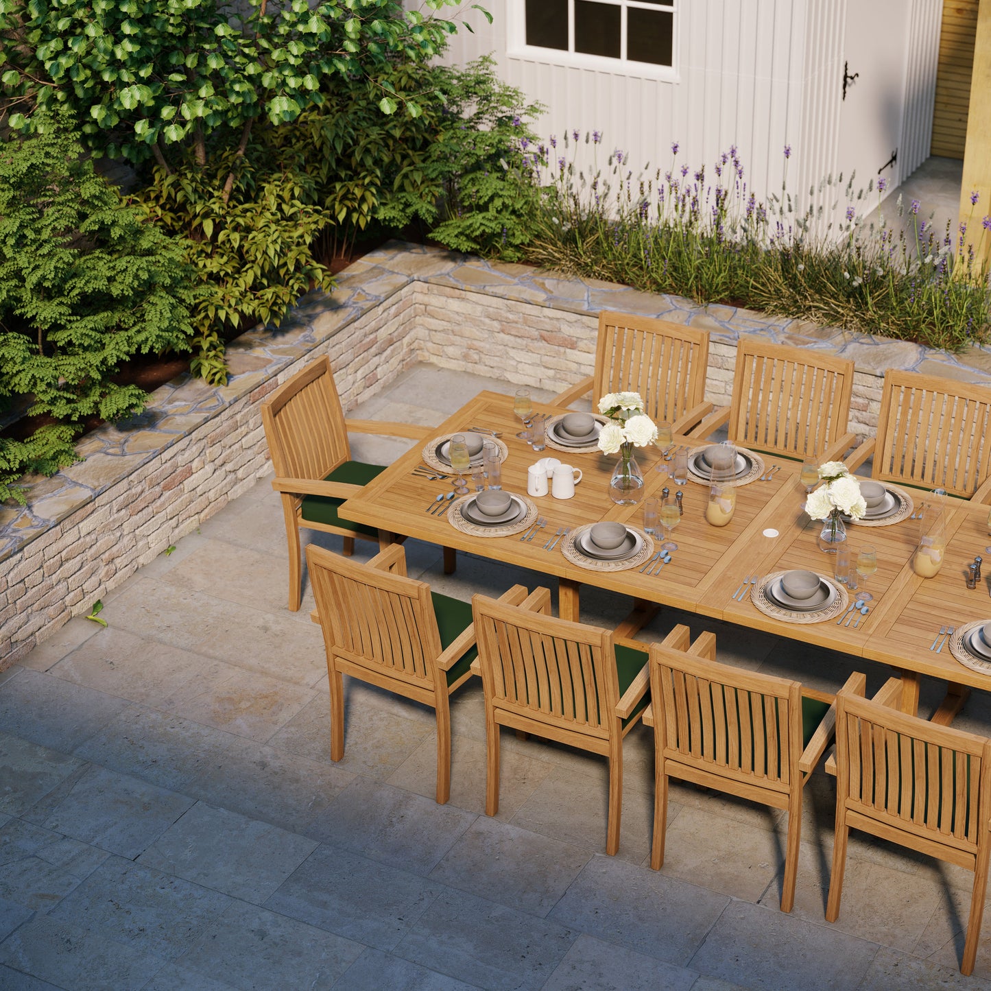 Teak Set 200cm-300cm Rectangle Extending Table with 10 Henley Stacking Chairs