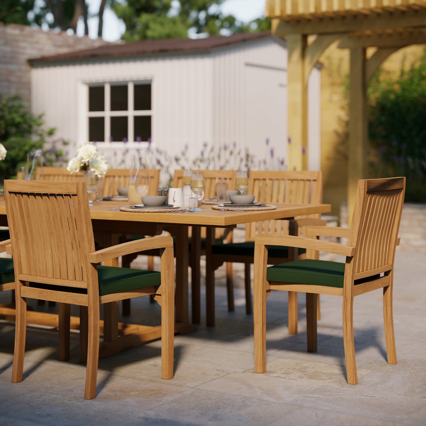 Teak Set 200cm-300cm Rectangle Extending Table with 10 Henley Stacking Chairs