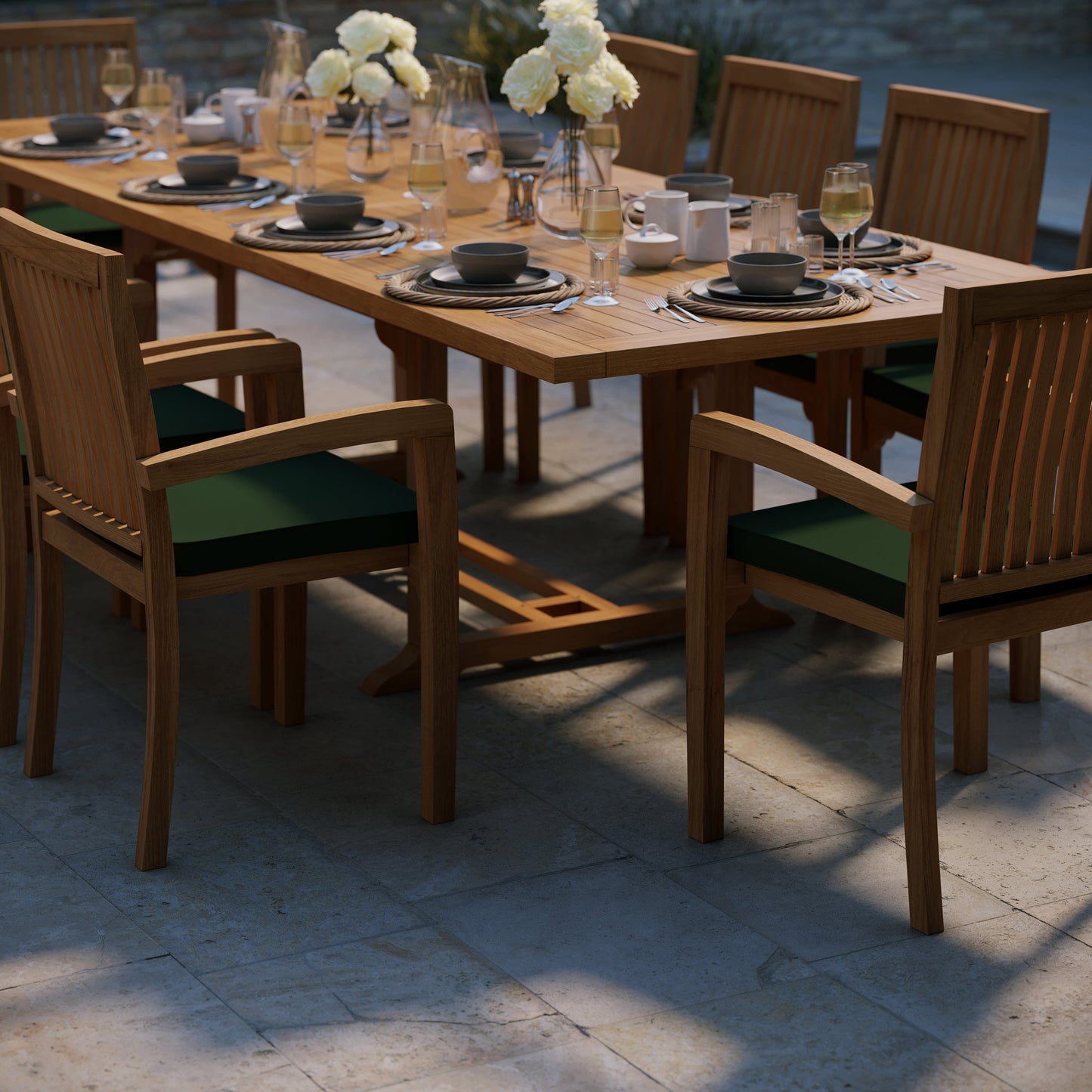 Teak Set 200cm-300cm Rectangle Extending Table with 10 Henley Stacking Chairs