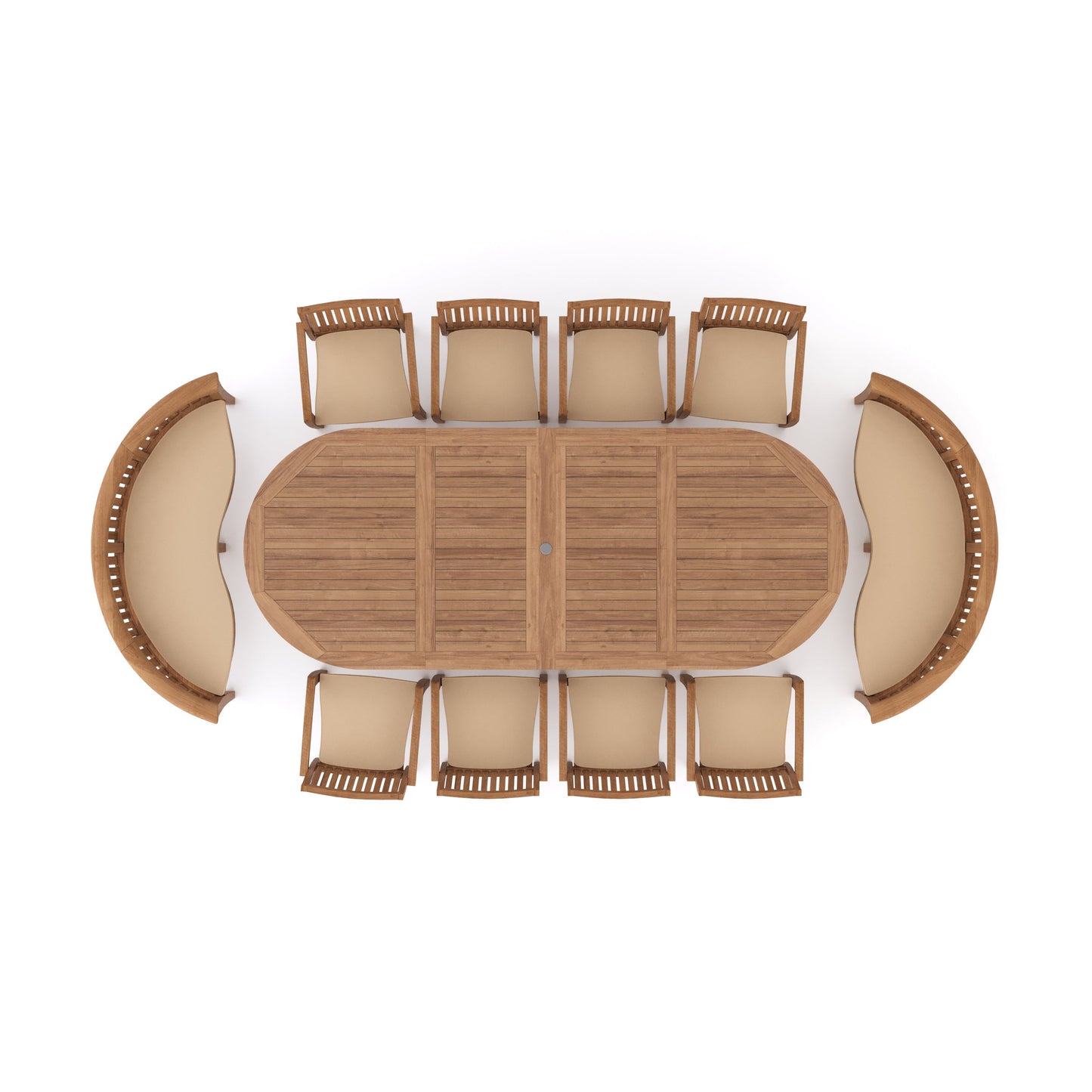 Teak 2-3m Oval Extending Table 4cm Top (8 Henley Stacking Chairs 2 San Francisco Benches) Free Cushions.