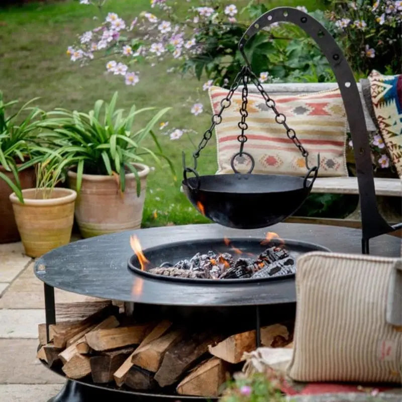Firepits UK Flat Ring of Logs 120 Fire Pit With Swing Arm BBQ Rack