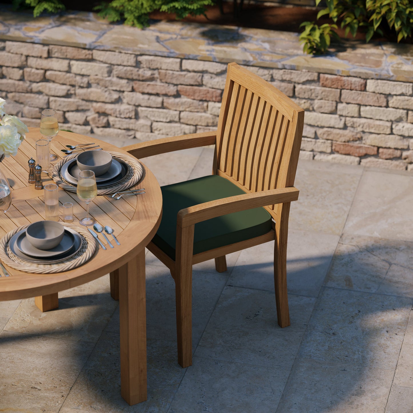 Teak Set 120cm Maximus Round Fixed Table, 4cm Top (4 x Henley Stacking Chairs) Cushions included.