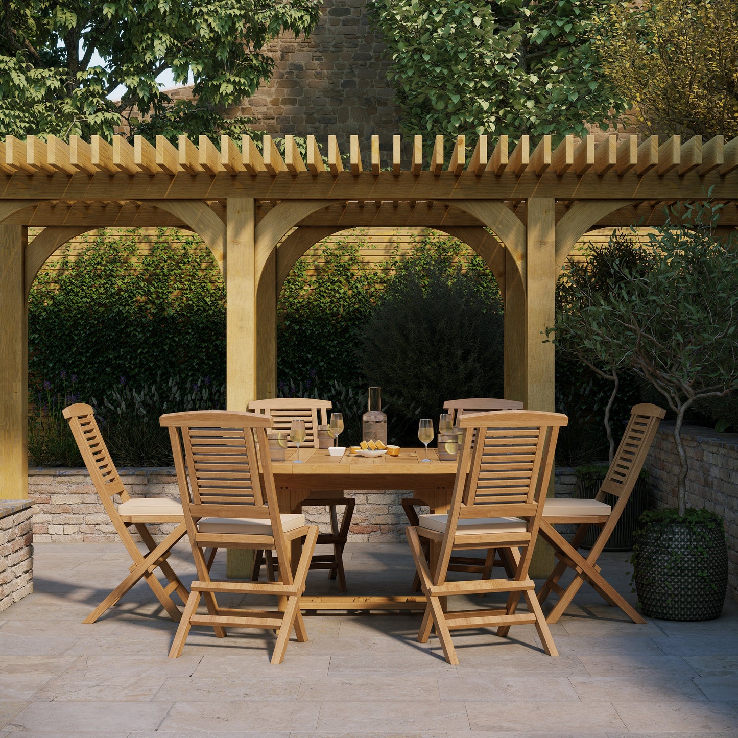 Teak Round To Oval 120-170cm Extending Table 4cm Top (6 folding Hampton Chairs) cushions included.