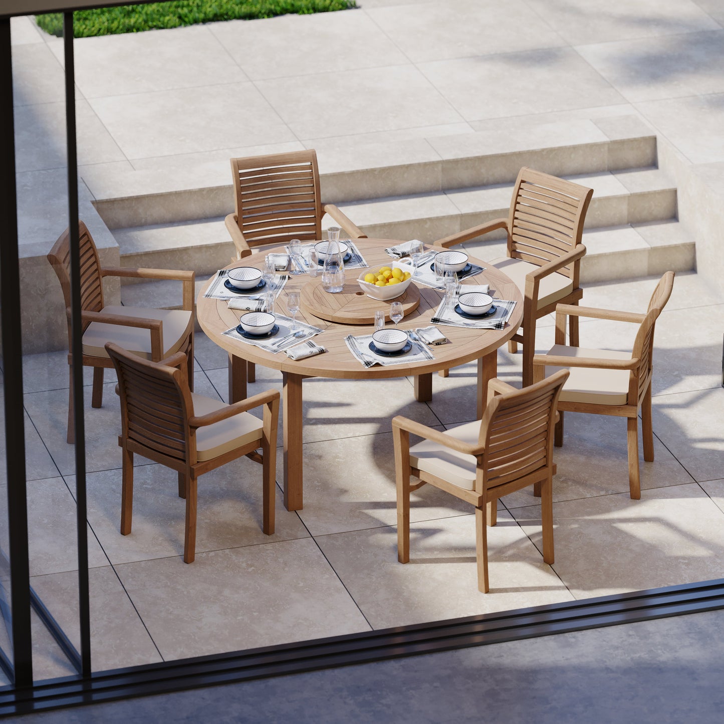 Luxor 150cm Round Table 4cm Top (6 Oxford Stacking Chairs) Cushions included.