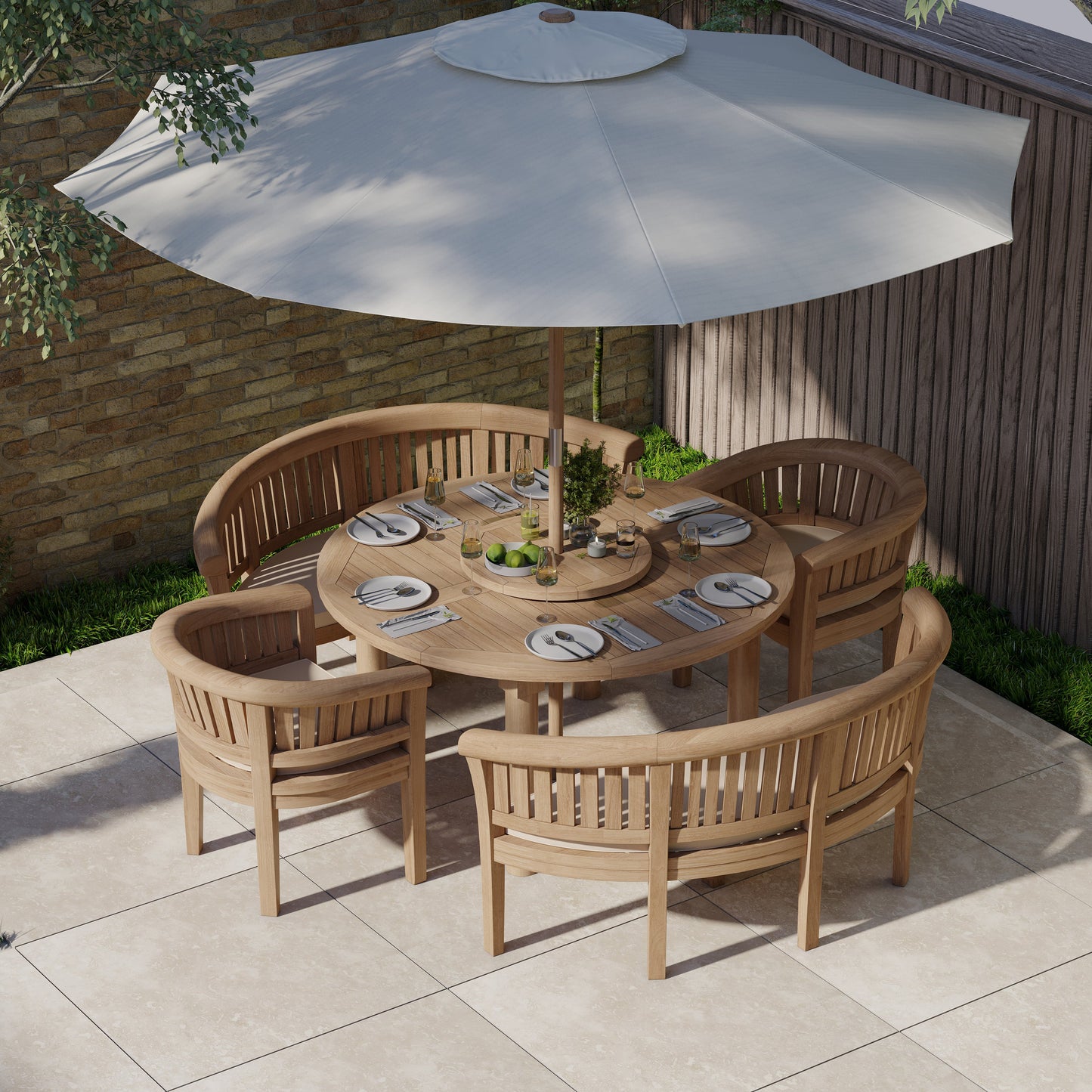 Teak Set 150cm Maximus Round Table 4cm Top (2 San Francisco Benches, 2 San Francisco Chairs) Cushions included.