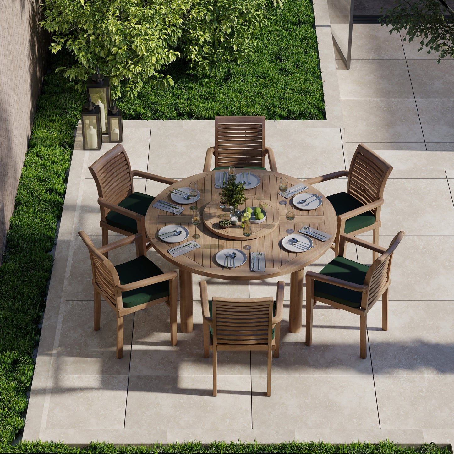 Teak Set 150cm Maximus Round Table, 4cm Top (6 Oxford Stacking Chairs) Cushions included.