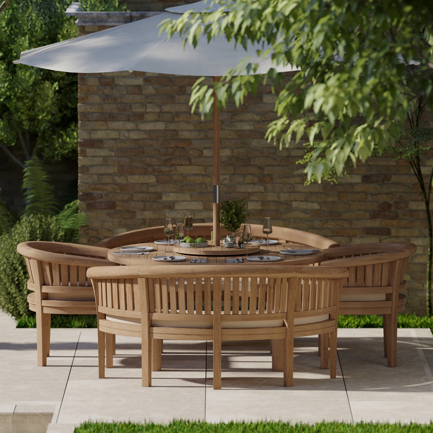 Teak Set 150cm Maximus Round Table 4cm Top (2 San Francisco Benches, 2 San Francisco Chairs) Cushions included.