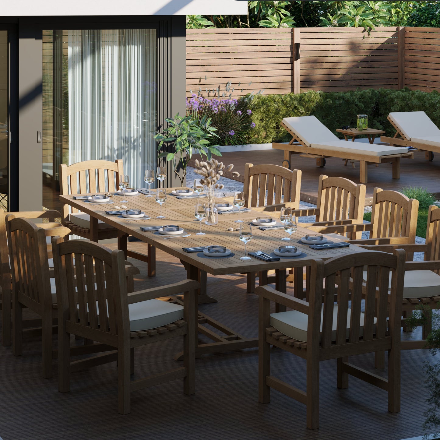 Teak 2m-3m Rectangle Extending Table with 10 Warwick Chairs