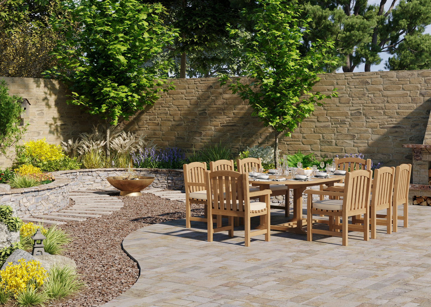 Teak 180-240cm Oval Extending Table, 4cm Top with 8 Warwick Chairs, Free Cushions.