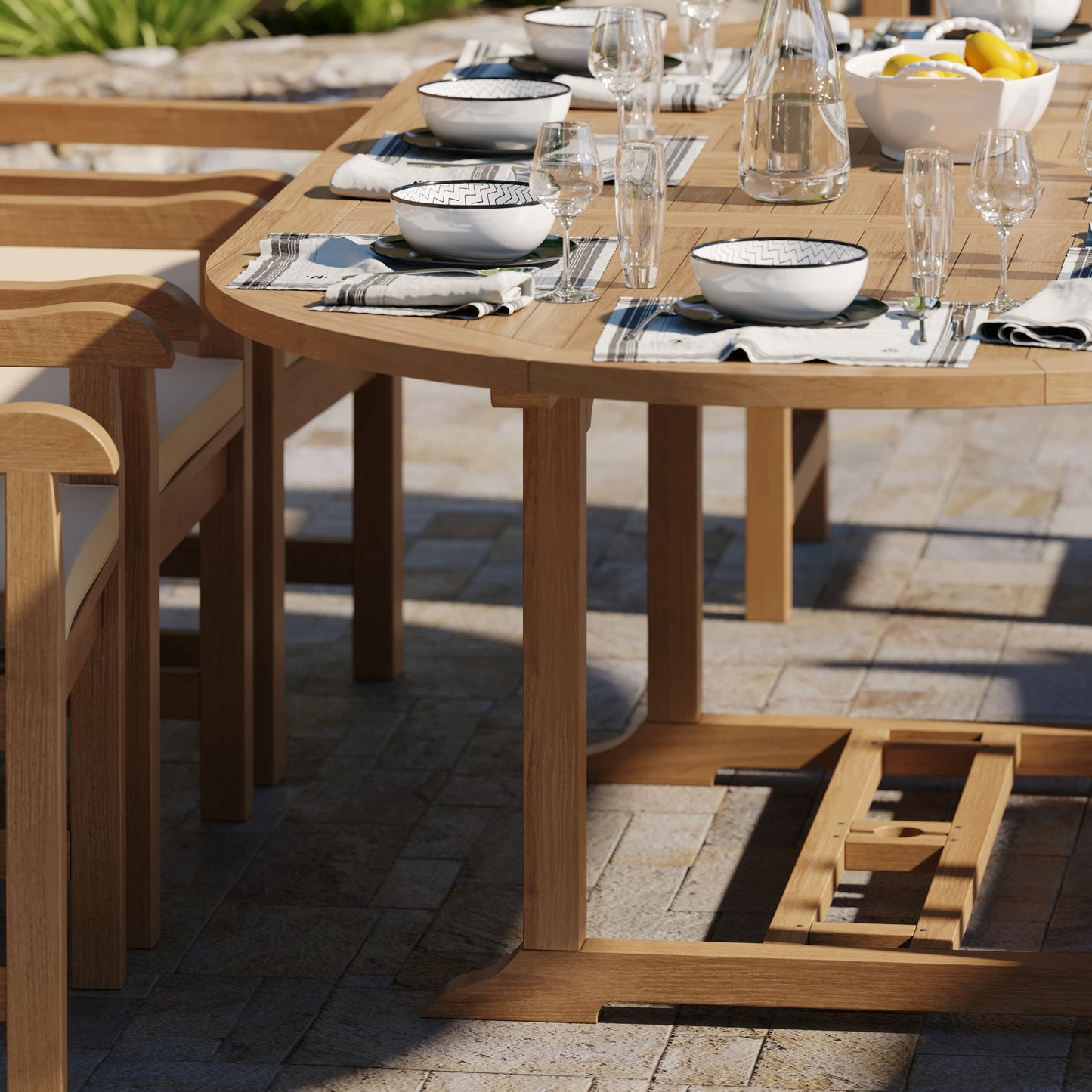 Teak 180-240cm Oval Extending Table, 4cm Top with 8 Warwick Chairs, Free Cushions.