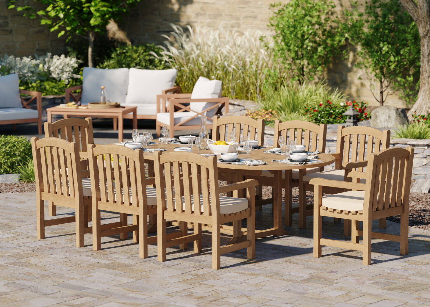 Teak 180-240cm Oval Extending Table, 4cm Top with 8 Warwick Chairs, Free Cushions.