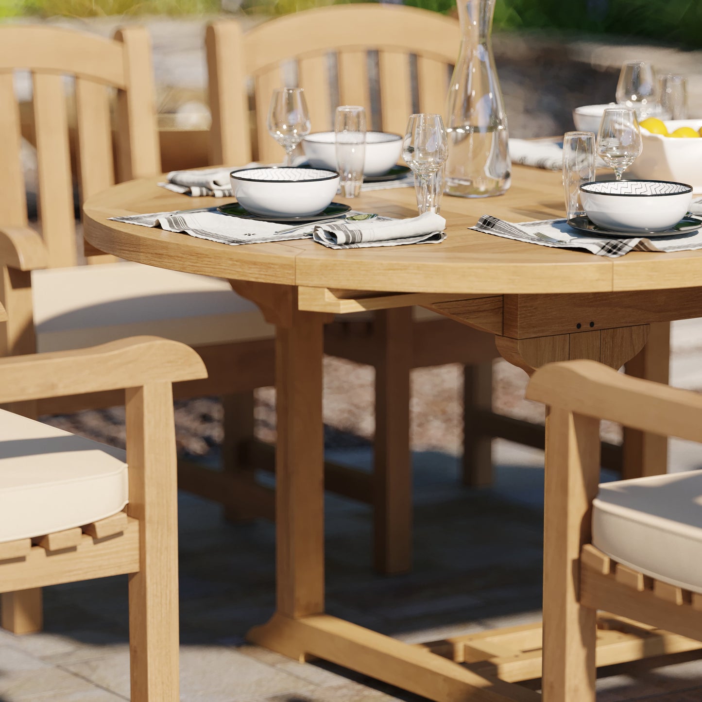 Teak Round to Oval 120-170cm Extending Table, 4cm Top with 6 Warwick Chairs, Free Cushions.