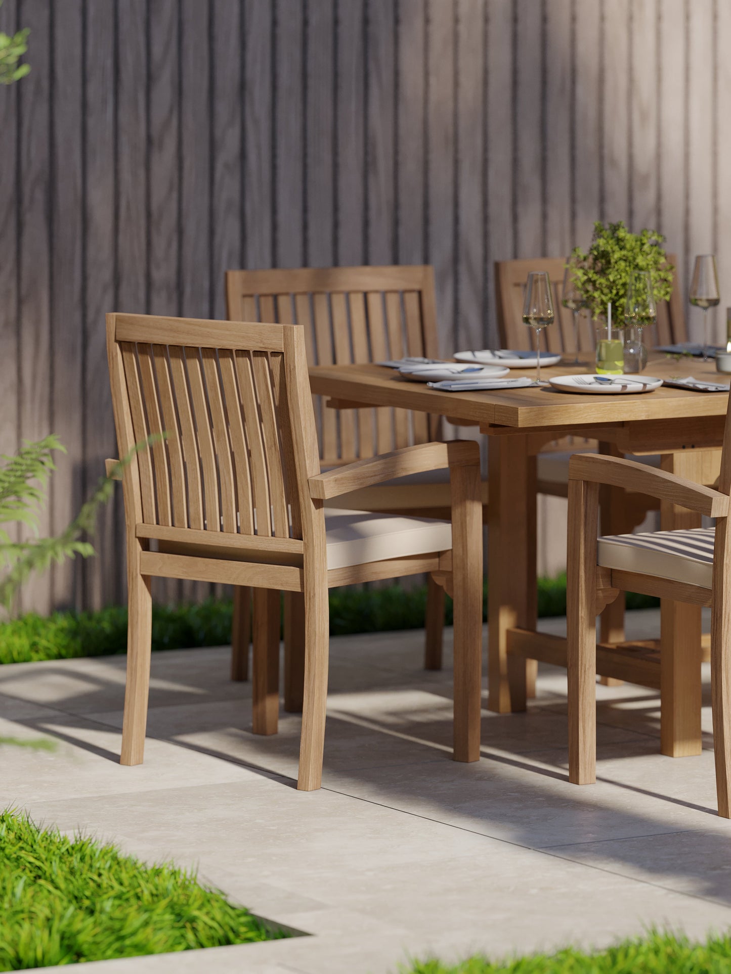 Teak Rectangle 180cm to 240cm Extending Table with 8 Henley Stacking Chairs