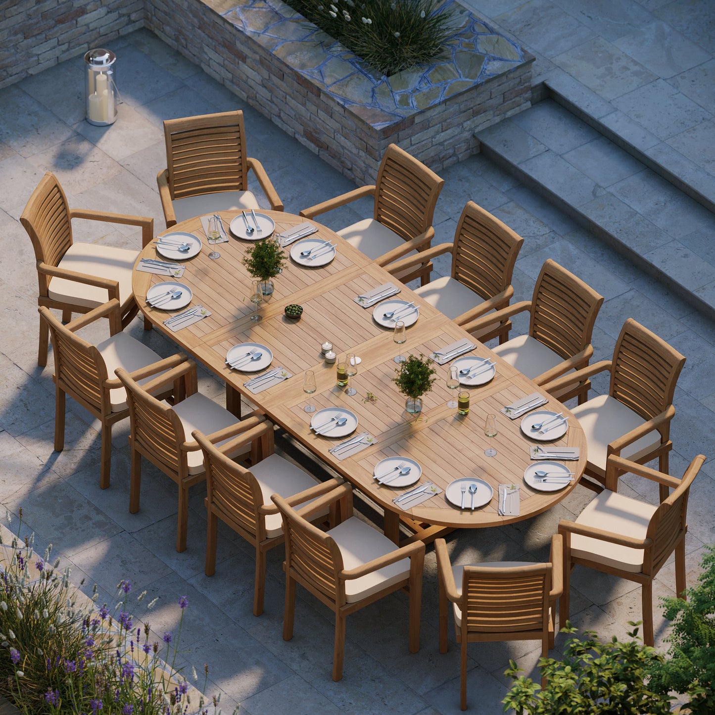 Giant Teak Oval Set 2-3m Extending Table with 12 Oxford Stacking Chairs
