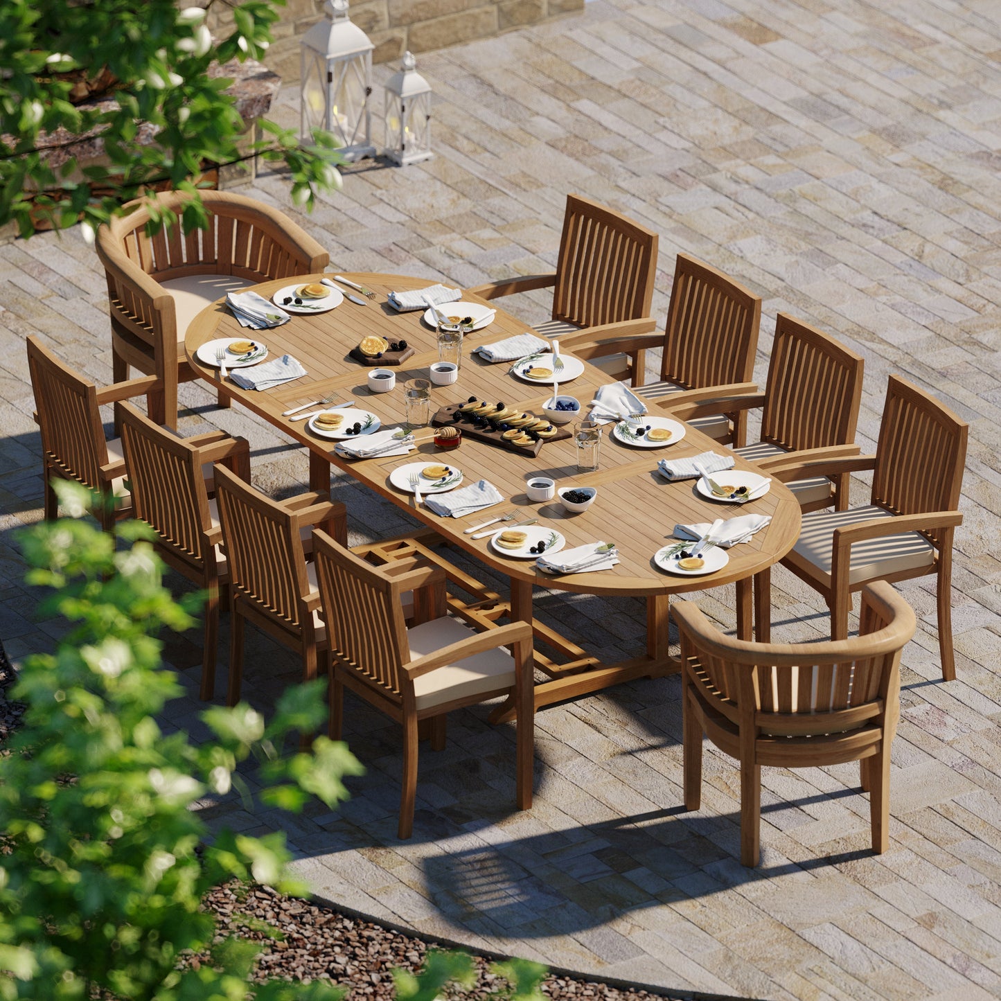 Teak 200cm to 300cm Oval Extending Table with 8 Henley Stacking Chairs & 2 San Francisco Chairs