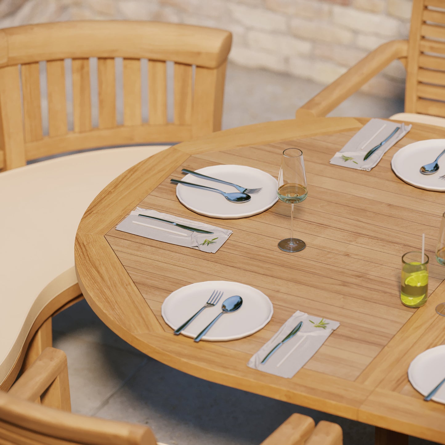 Teak Oval 2m to 3m Extending Table with 8 Oxford Stacking Chairs & 2 San Francisco Benches