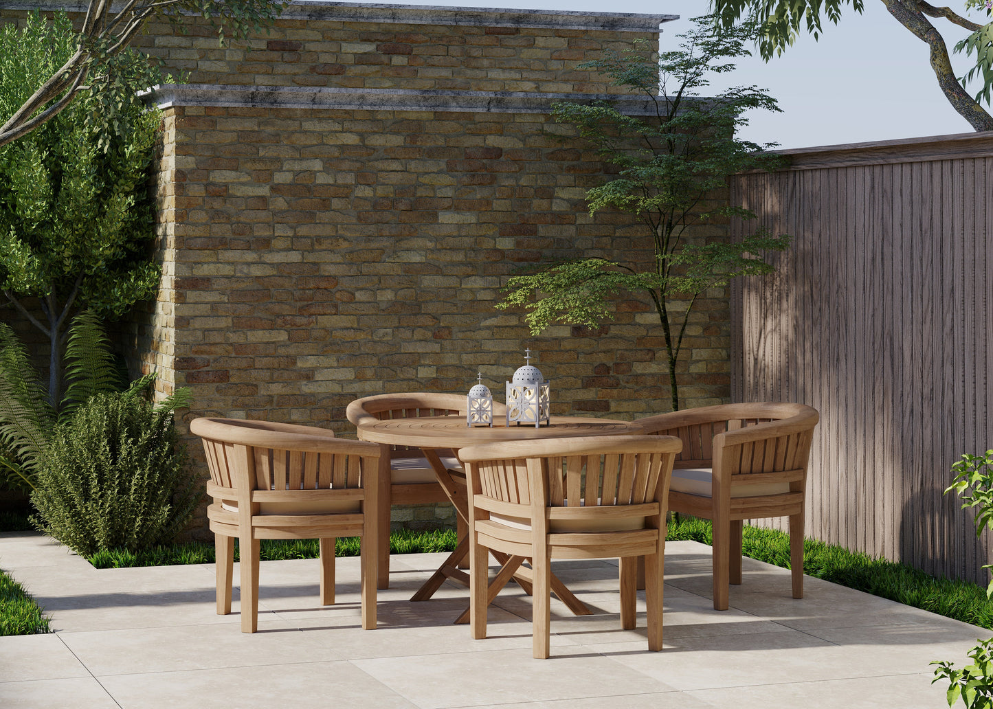Teak Set 120cm Round Folding Spiral Table with 4 San Francisco Chairs.