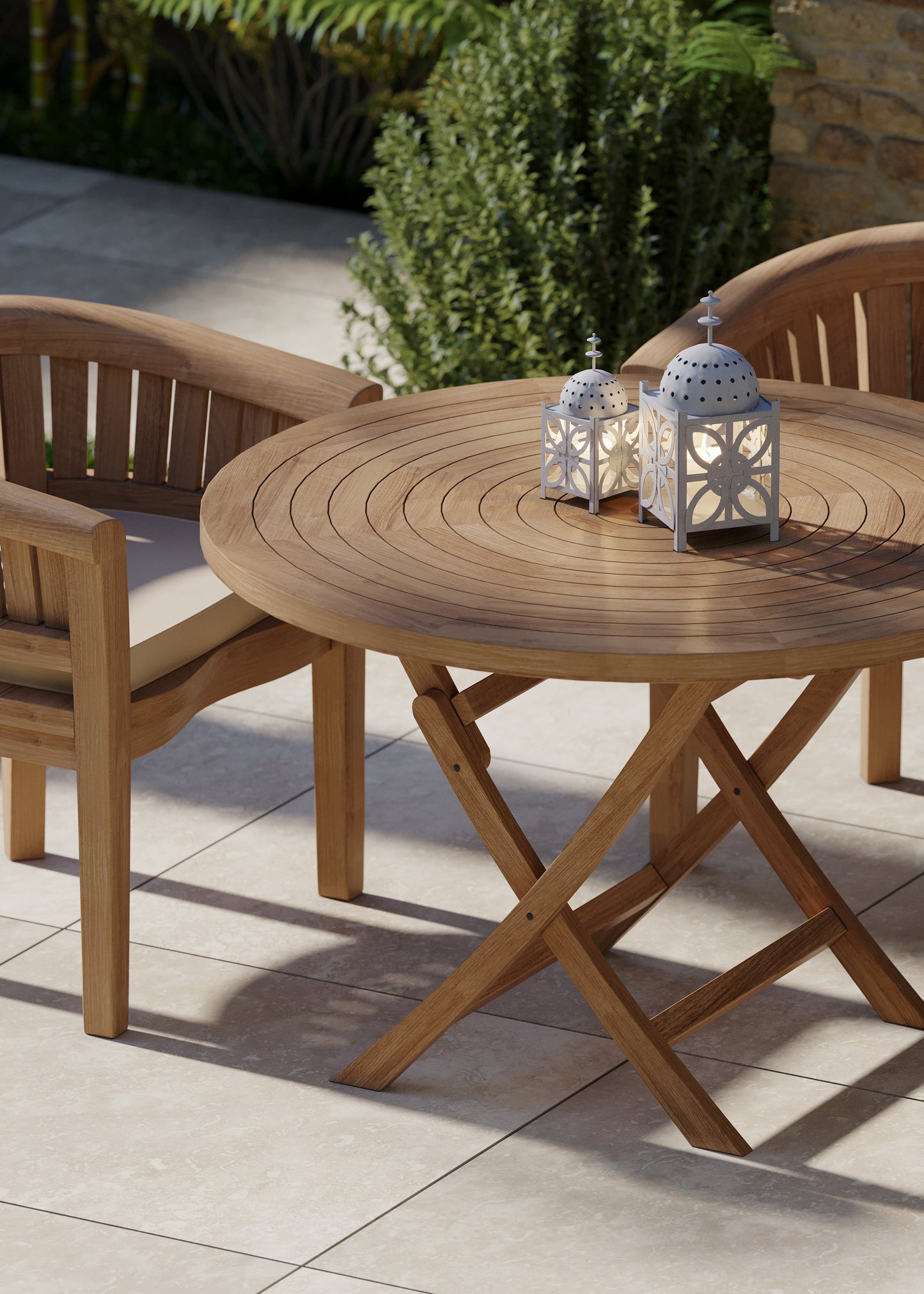 Teak Set 120cm Round Folding Spiral Table with 4 San Francisco Chairs.