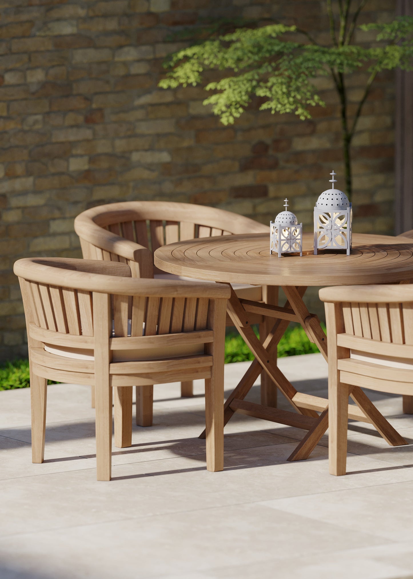 Teak Set 120cm Round Folding Spiral Table with 4 San Francisco Chairs.
