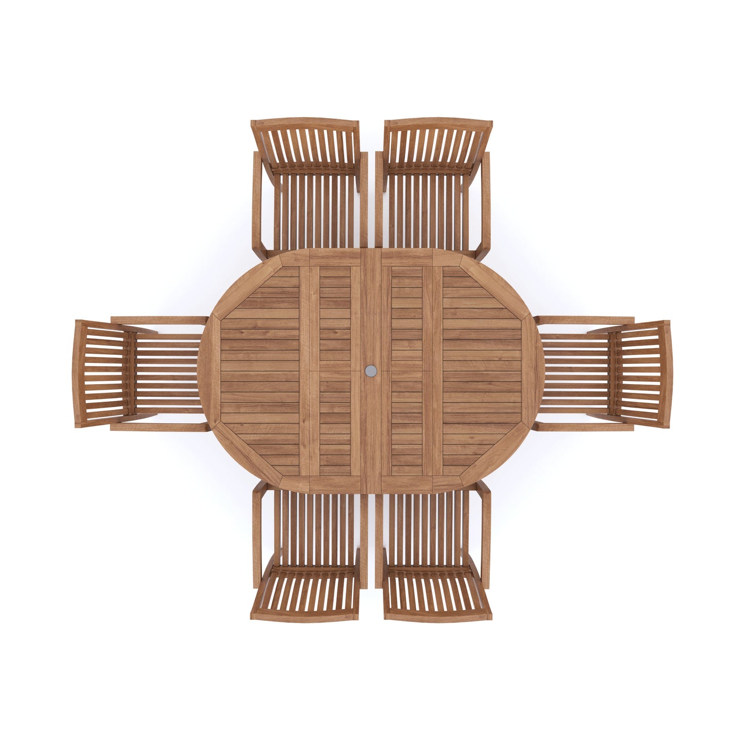 Teak 4cm Top Round To Oval 120-170cm Extending Table (6 Henley Stacking Chairs) cushions included.