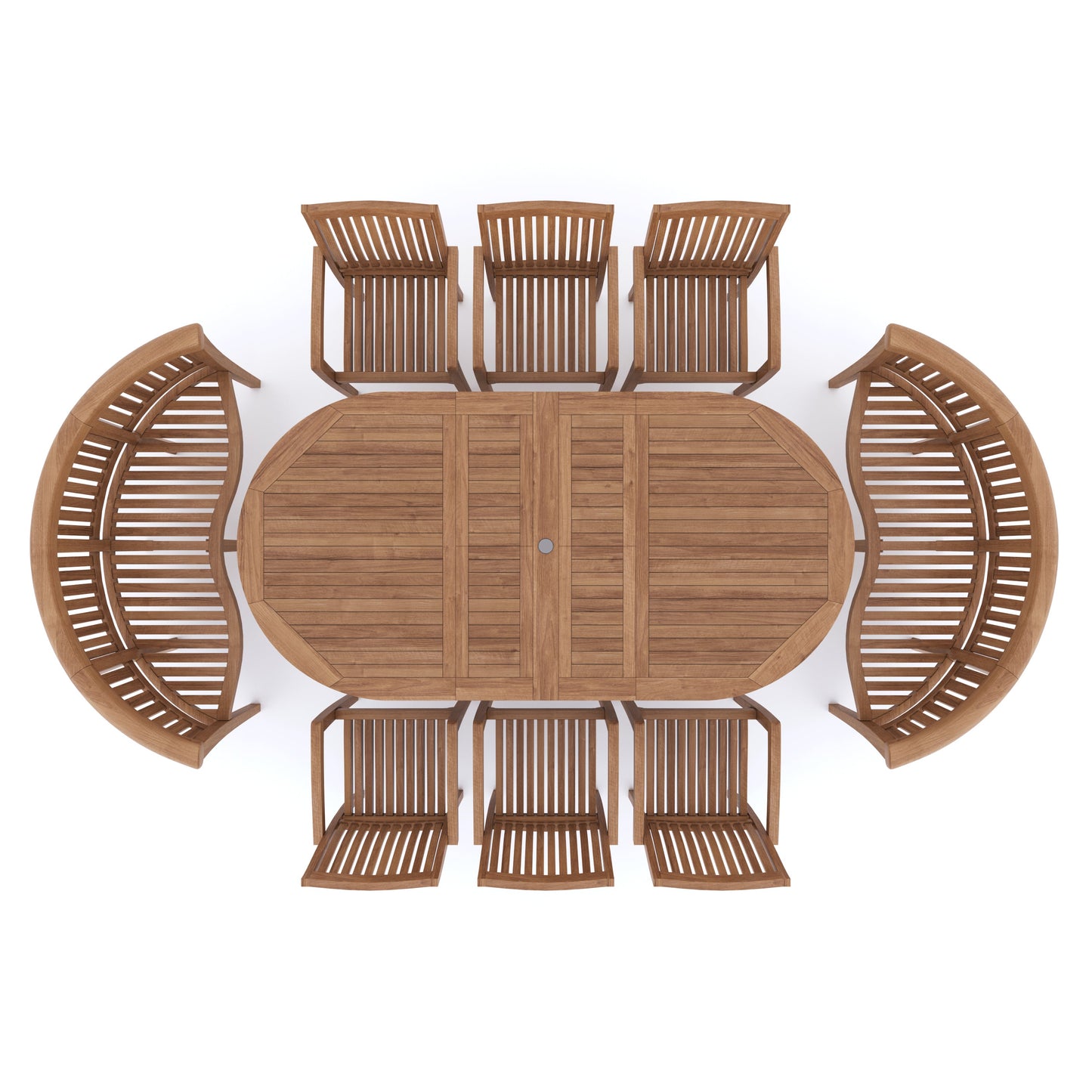 Teak 180-240cm Oval Extending Table 4cm Top (6 Henley Stacking Chairs 2 San Francisco Benches) Cushions included.