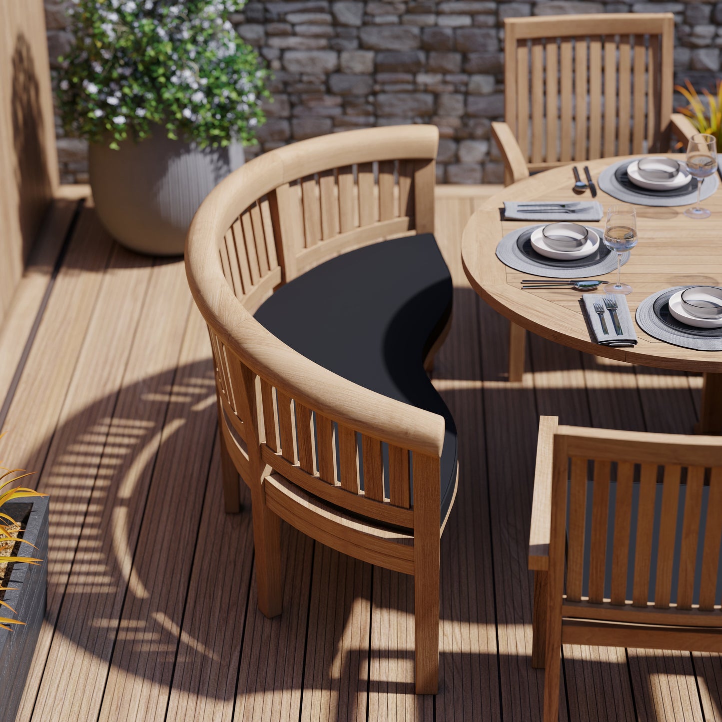 Teak 180-240cm Oval Extending Table 4cm Top (6 Henley Stacking Chairs 2 San Francisco Benches) Cushions included.