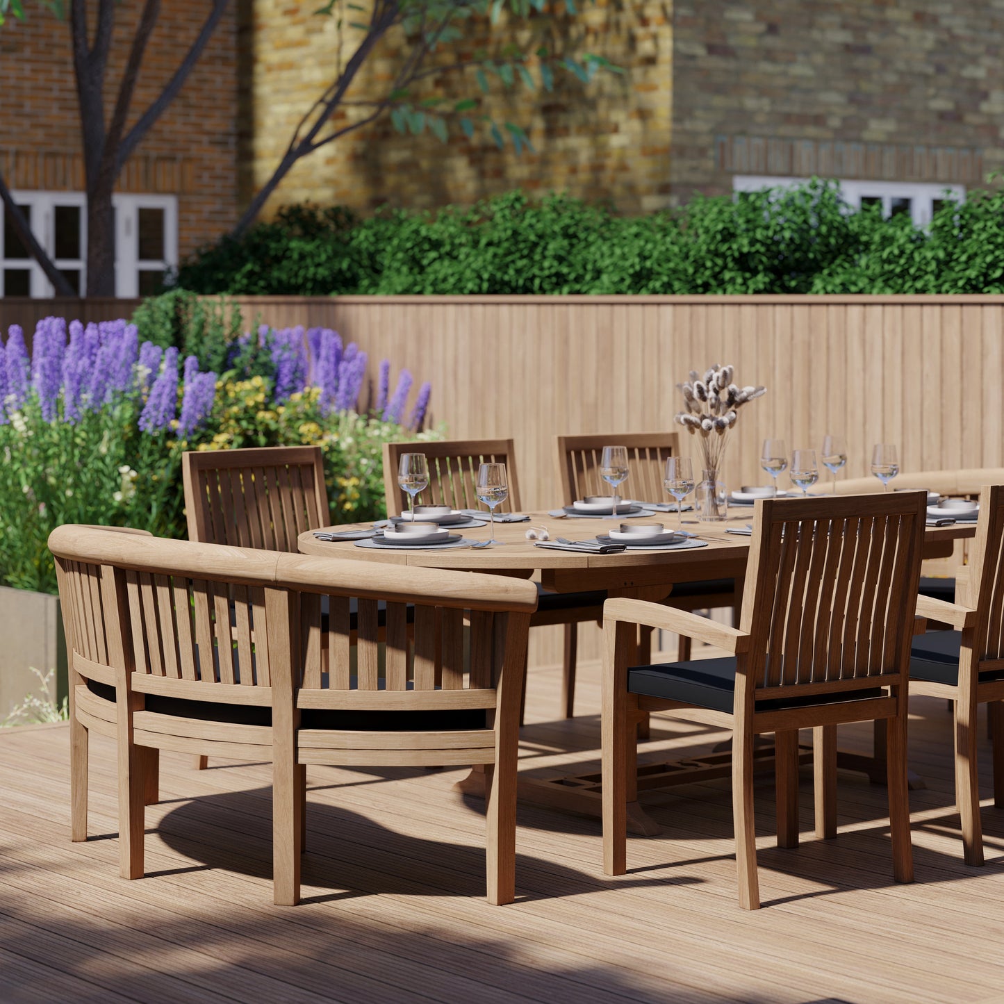Teak 180-240cm Oval Extending Table 4cm Top (6 Henley Stacking Chairs 2 San Francisco Benches) Cushions included.