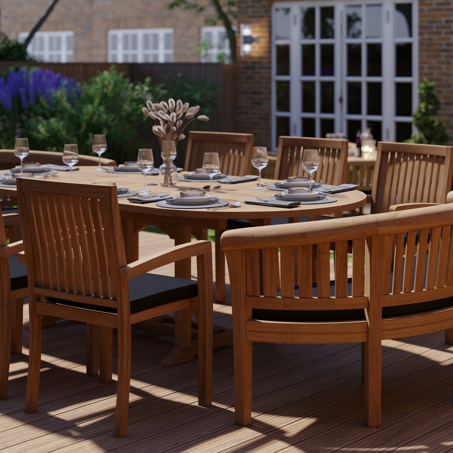 Teak 180-240cm Oval Extending Table 4cm Top (6 Henley Stacking Chairs 2 San Francisco Benches) Cushions included.