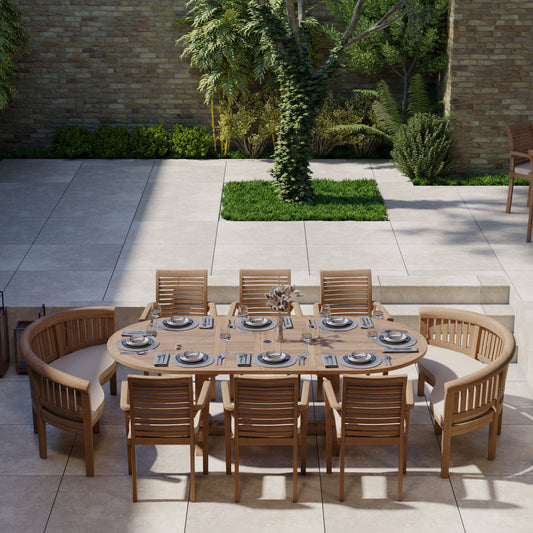 Teak 180-240cm Oval Extending Table 4cm Top (6 Oxford Stacking Chairs 2 San Francisco Benches) Cushions included.