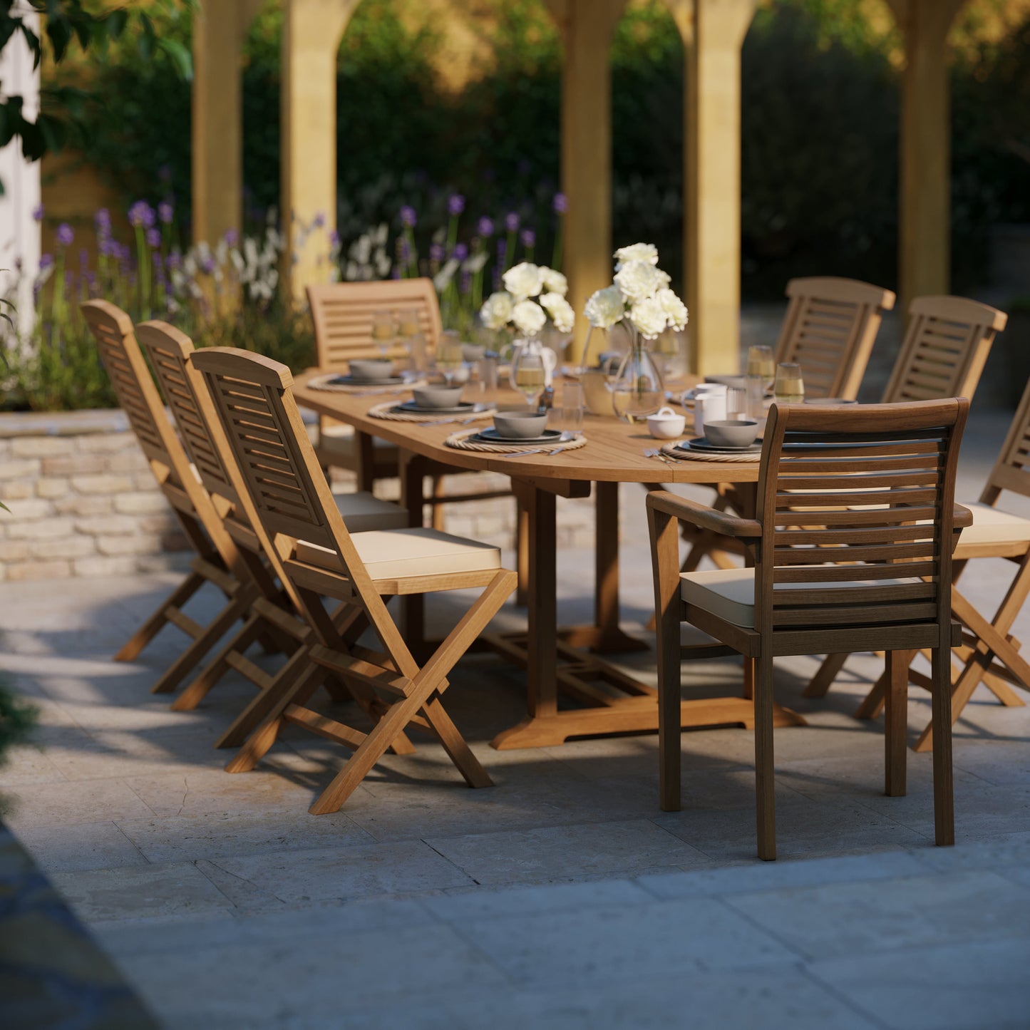 Teak 180cm to 240cm Oval Extending Table with 6 Hampton Chairs & 2 Oxford Stacking Chairs