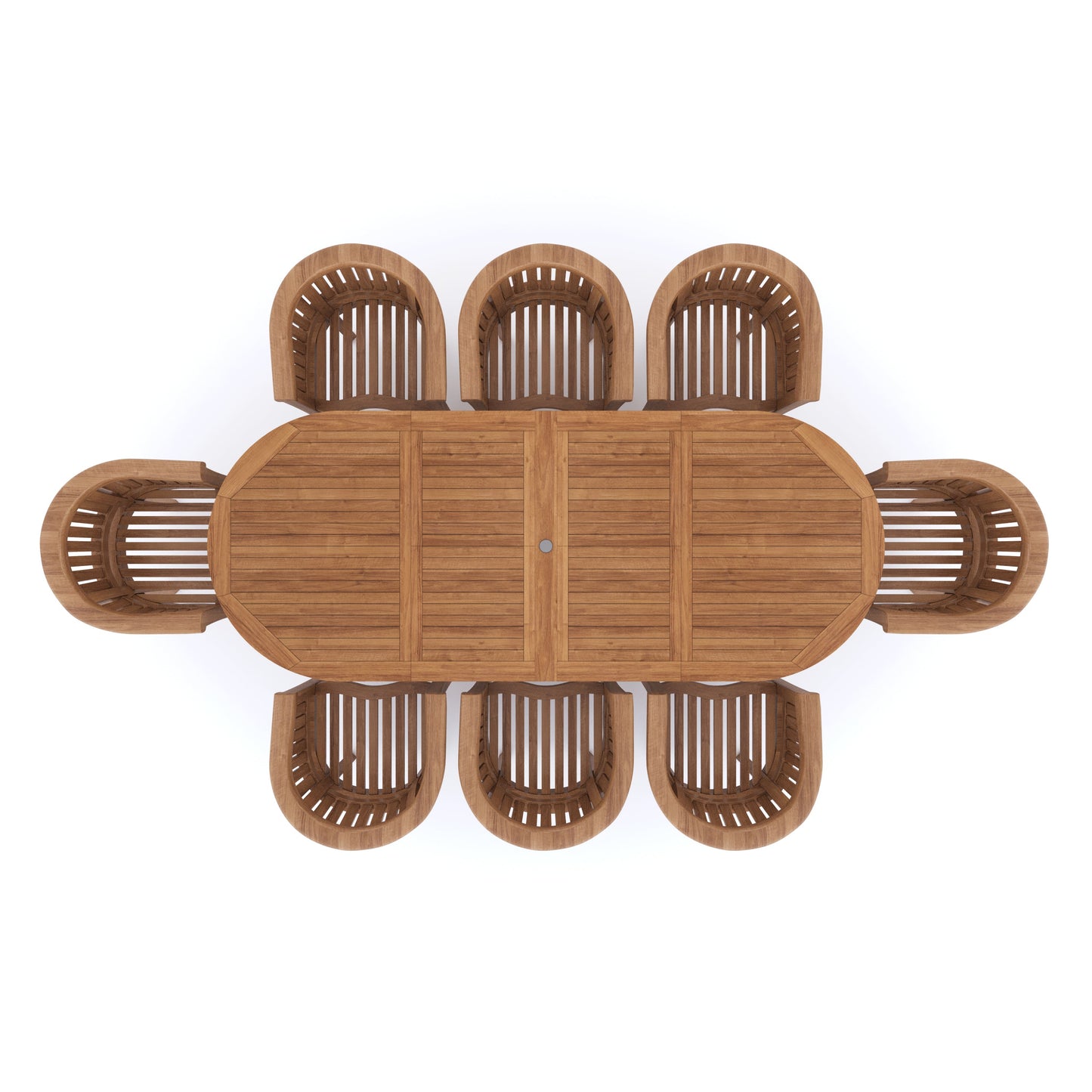 Teak Set Oval 2-3m Extending Table 4cm Top (8 San Francisco Chairs) Cushions included.