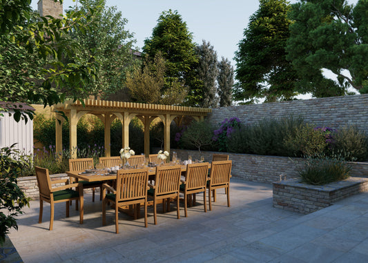 Teak Set 200cm-300cm Rectangle Extending Table with 10 Henley Stacking Chairs