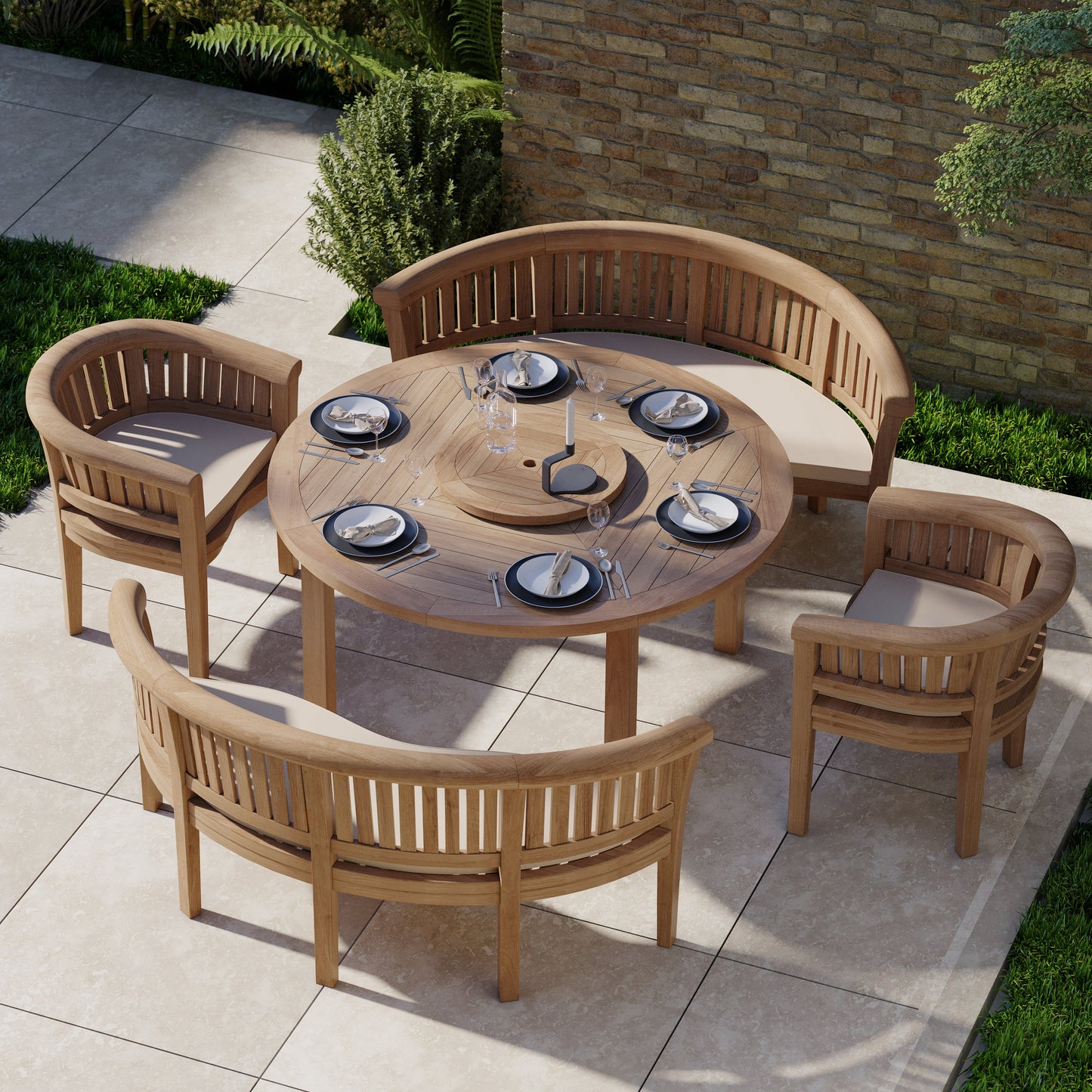 Luxor 150cm Round Teak Table 4cm Table Top (2 San Francisco Benches, 2 San Francisco Chairs) Cushions included.