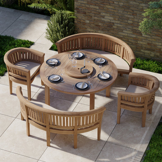 Luxor 150cm Round Teak Table 4cm Table Top (2 San Francisco Benches, 2 San Francisco Chairs) Cushions included.