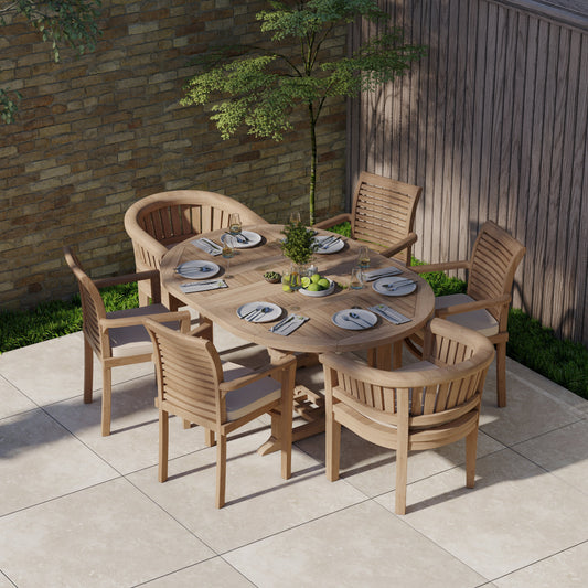 Teak Round to Oval 120cm-170cm Extending Table with 4 Oxford Stacking Chairs & 2 San Francisco Chairs