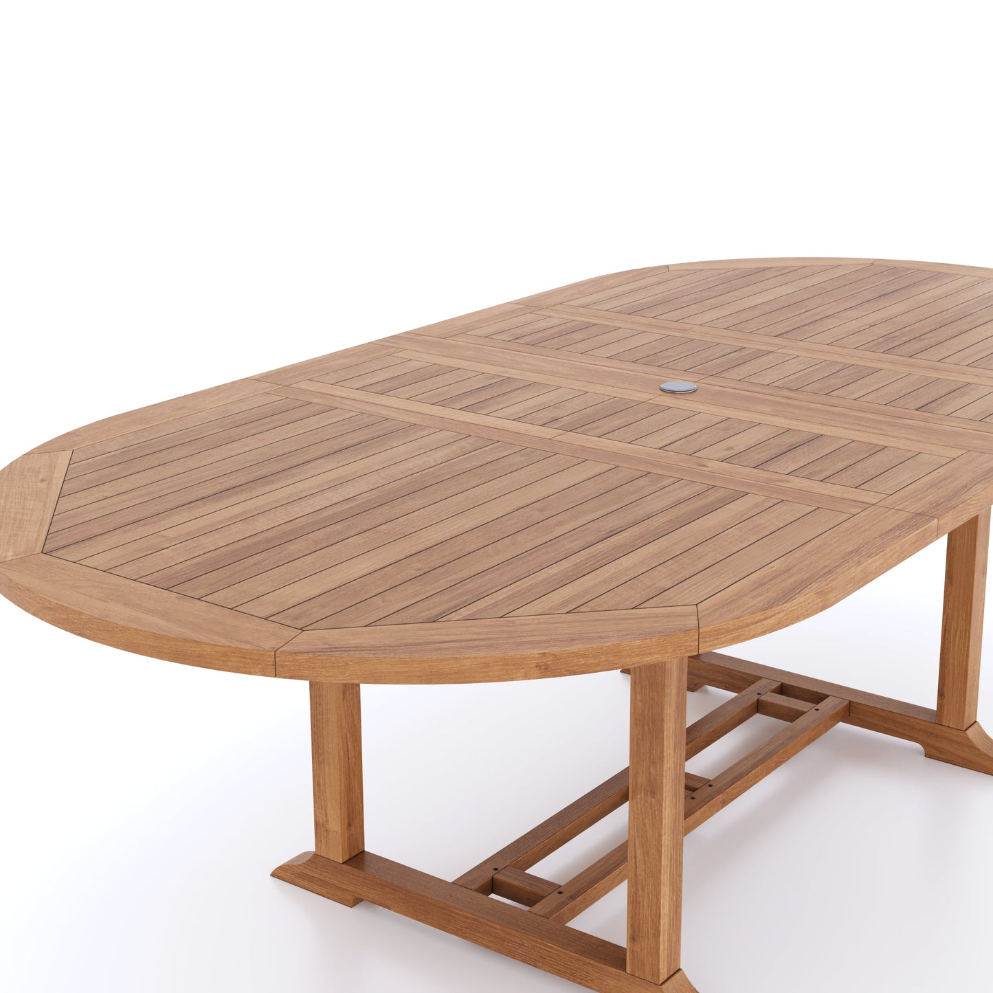 Teak 180-240cm Oval Extending Table 4cm Top (6 Henley Stacking Chairs 2 San Francisco Benches) Cushions included.