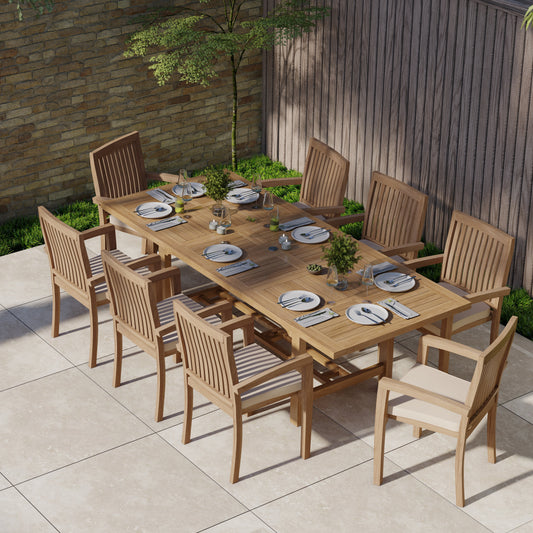 Teak Rectangle 180cm to 240cm Extending Table with 8 Henley Stacking Chairs